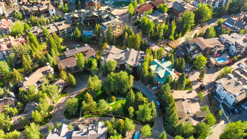 Sticker Overhead aerial view of Vail town in summer season, Colorado