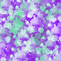 Green and white transparent layered wet watercolor stains with drops and splashes of paint on violet background. Hand-drawn paintbrush spots texture. Bright brush strokes print. Vivid wallpaper.
