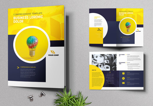 Bifold Brochure with Yellow and Dark Blue Color and in Circle and Geometric Shape