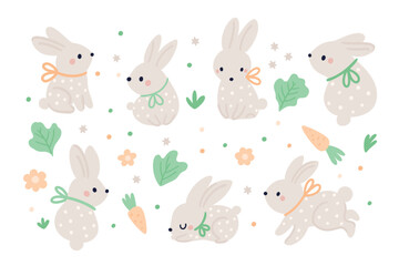 Cute baby rabbit, bunny, hare animals in different pose. Bunny with bow ribbon on cartoon style. Little baby hare animals with carrot and flowers