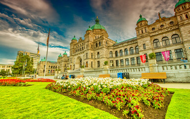 Victoria, Canada - August 14, 2017: British Columbia Parliament Buildings on a sunny day.