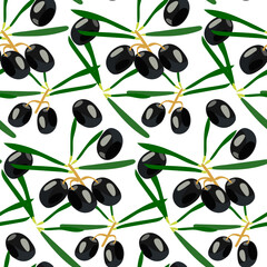 Seamless vector pattern with black olives and branches. Mix of olives. Wallpaper pattern, beautiful packaging, kitchen print.