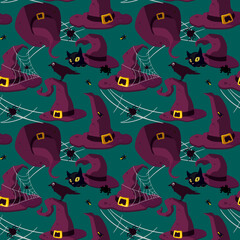 Seamless pattern of "Witch hats with details". Blue background for Halloween. Witch hats with cobwebs, spiders, crows, cats, fireflies. Wrapping paper, fashionable fabrics, prints, patterns.