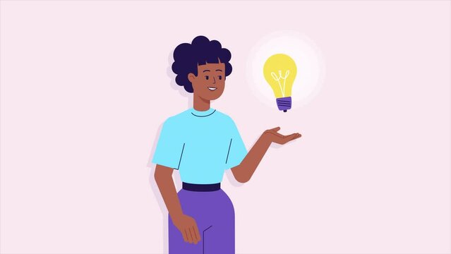 Young happy afro girl and light bulb. Concept of a great idea, Eureka. Solution of the problem, answer. 2d flat animation. template for explainer video. good brilliant idea