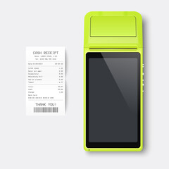 Vector 3d Black NFC Payment Machine and Paper Check, Receipt Isolated. Wi-fi, Wireless Payment. POS Terminal, Machine Design Template of Bank Payment Contactless Terminal, Mockup. Top VIew