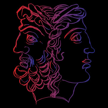 Ancient Greek Janus. Janiform head of Zeus and Hera. Juxtaposition of male and female, young and old, past and future. Hand drawn linear rough sketch. Red and blue silhouette on black background.