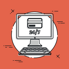 Online banking services 24/7 - Credit card - Vector flat icon