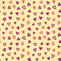 Seamless pattern with abstract  hearts in a warm orange purple palette on beige background.