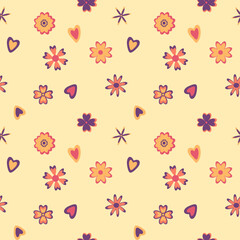 Fototapeta premium Seamless pattern with abstract flowers, hearts in a warm orange purple palette on beige background.