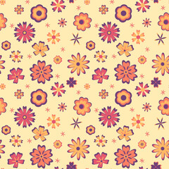 Seamless pattern with abstract flowers  in a warm orange purple palette on beige background.