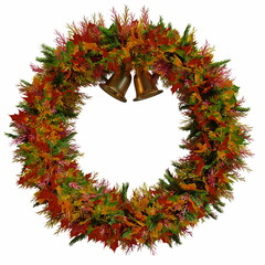 round autumn wreath of maple yellow, red, green leaves, 3d render. Elegant style background. Business concept.