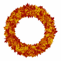 round autumn wreath of maple yellow, red, green leaves