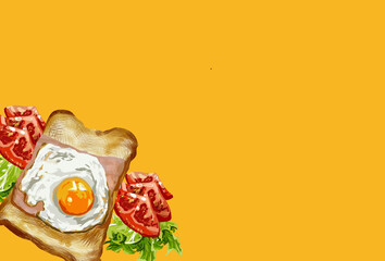 Fondo temático de desayuno, comida rápida, tortada con huevo - obrazy, fototapety, plakaty