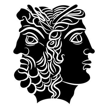 Ancient Greek Janus. Janiform head of Zeus and Hera. Juxtaposition of male and female, young and old, past and future. Black and white negative silhouette.