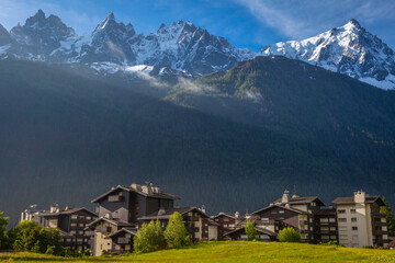 Fototapeta na wymiar Chamonix village and Mont Blanc Massif in Haute Savoie, French Alps