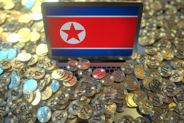 Flag of North Korea on the laptop screen and many bitcoins. National cryptocurrency regulations and crypto mining concepts, 3d rendering
