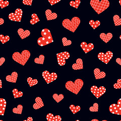 Hand-drawn doodle seamless pattern with hearts and stars. Design elements for Valentine's day. Dark navy color background and multicolor elements.