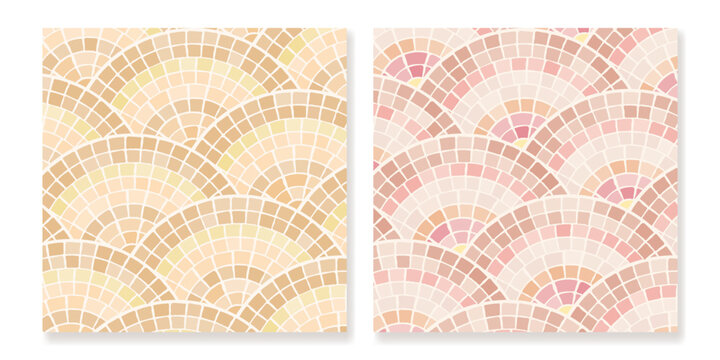 Set of mosaic tiles with circular ornaments in beige and pink. For ceramics, tiles, ornaments, backgrounds and other projects.