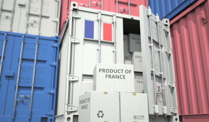 Cardboard boxes with goods from France and cargo containers. Industry and logistics related conceptual 3D rendering