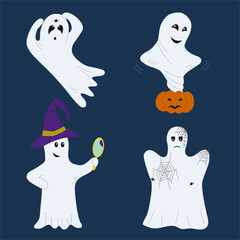 A set of charming ghosts for halloween on dark blue backdrop