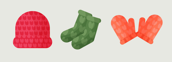 Collection of knitted warm clothes. A set of autumn outerwear and accessories socks, mittens, hat, sweater. Bright and juicy colors.