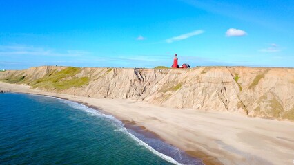 aerial view from the North Sea to the Bovbjerg Fyr lighthouse in Jutland, Denmark, landmark, high quality image, holiday, attraction, travel - obrazy, fototapety, plakaty