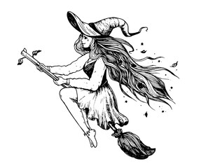 Halloween witch illustration. Girl flying on broomstick. Hand drawn vector illustration. Young woman on broom sketch. Halloween young witch.
