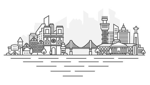 Lisbon, Portugal architecture line skyline illustration. Linear vector Kiev cityscape with famous landmarks, city sights, design icons. Landscape with editable strokes.