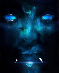 Alien face in deep space. Female features with white eyes on the starry blue background. Painted illustration, futuristic and sci-fi style.