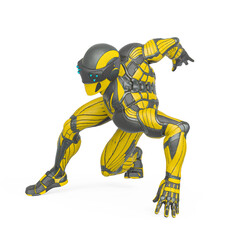 super hero is doing a dynamic comic pose in an exosuit