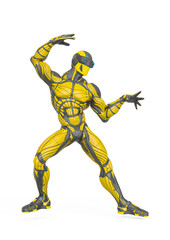 super hero is doing a dynamic fight pose in an exosuit