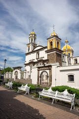 beautiful church in the magical town of Comala in Colima, Mexico, white town, wide angle photo.