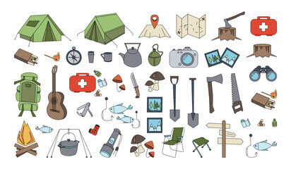 Set of tourism, travel, hiking icons. Line filled colored travel icons isolated on white background. Collection hiking icons stickers in outline color style. Line color flat vector illustrations.
