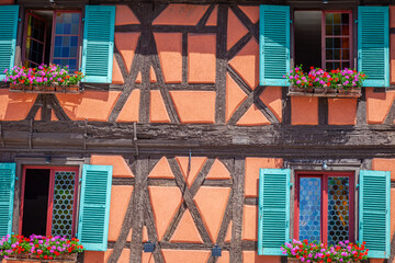 Colmar alsatian architecture at springtime with flowers, Eastern France