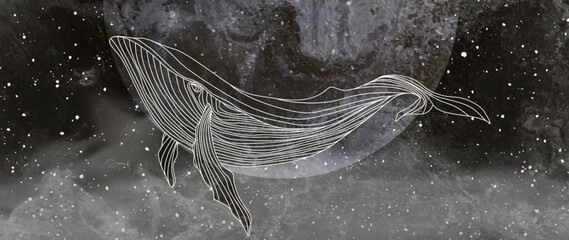 Watercolor dark art background with a whale against the starry sky in white line style. Animal hand drawn ink banner for wallpaper design, print, packaging, textile, interior decor. © VectorART