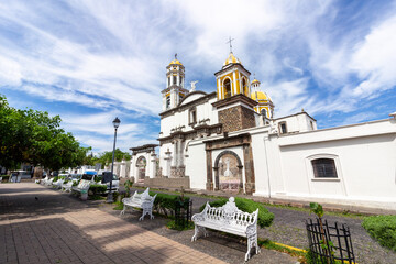 beautiful church in the magical town of Comala in Colima, Mexico, white town, wide angle photo.