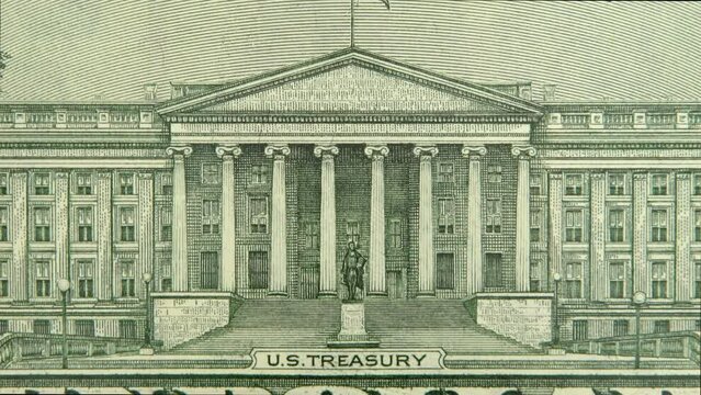 Macro zoom of the US Treasury Building on the back of the ten dollar bill.