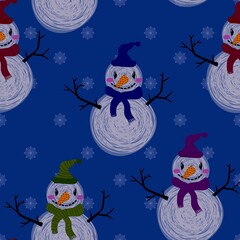 Winter seamless snowman and snowflakes pattern for Christmas wrapping paper and kids notebooks