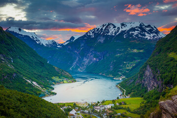 Geirangerfjord and village in More og Romsdal, Norway, Northern Europe