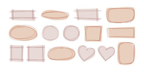 Set hand drawn linear cute frames for text or photo. Pastel lines decorative elements for design, decor and collages - geometric scribble frames, doodle stroke, pastel template shapes.
