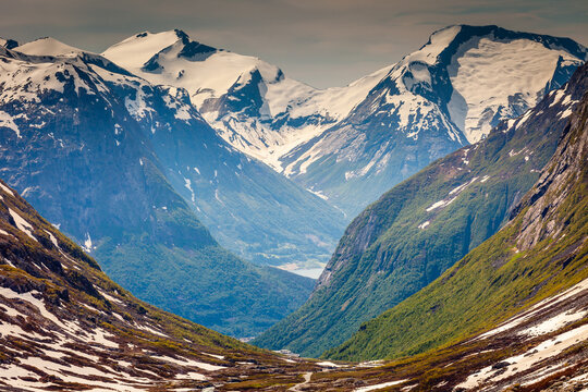 Dramatic mountains landscape in Stryn from Gamle road, western Norway