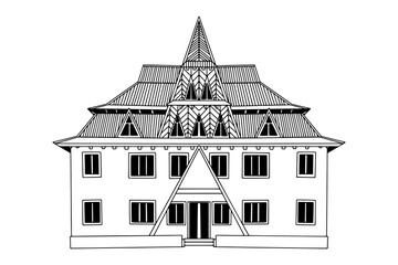 Carpathian architecture. Old  country house. Vector sketch.