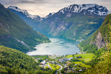 Fototapeta na wymiar Geirangerfjord and village in More og Romsdal, Norway, Northern Europe