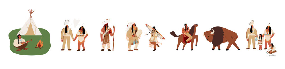 Native Americans, Wild West, Indigenous people of America set. Lifestyle scene, wigwam, teepee, characters clipart. © Art n Peaches