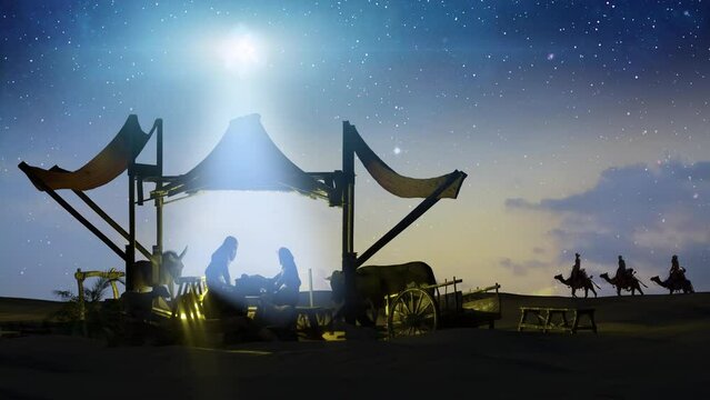 Christian Christmas Nativity Scene of baby Jesus, scene of Baby Jesus in a manger with Mary and Joseph silhouettes loop render 3d 