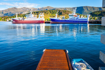 Obraz premium Alesund Sea port with ships at peaceful dawn, Norway, Scandinavia