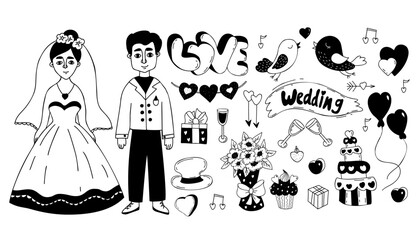 Wedding doodle set. Newlyweds, bride in wedding dress and groom, wedding cake, brides bouquet, heart, birds in love, arrows of love, balloons and gifts. Isolated vector linear hand drawings.