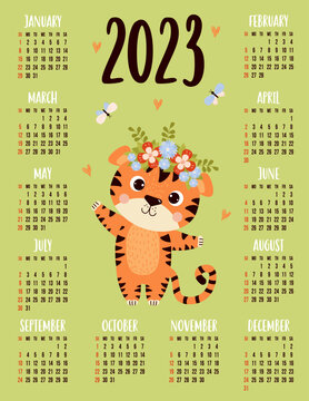 Annual calendar for 2023 with happy cute tiger with butterflies. Vector vertical template for 12 months in English. Week starts on Sunday. kids collection.