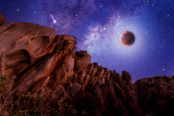 landscape with ancient rocks and desert vegetation at night with milky way stars and moon in the...