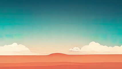 Fototapeta na wymiar Flat 2d, minimalistic desert. 4k wallpaper showing an orange desert with hills, mountains, sand, sky and clouds. Vintage landscape background.